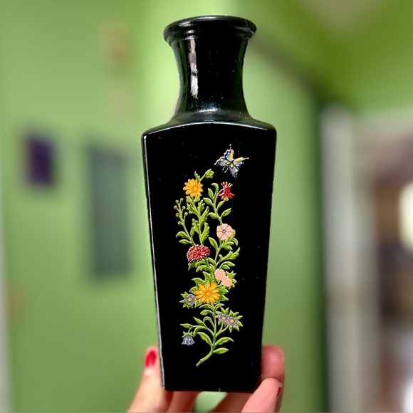 Vintage Oriental Florals & Butterflies Black Shiny Indoor Planter Vase Art Decor - Picture 4 of 8